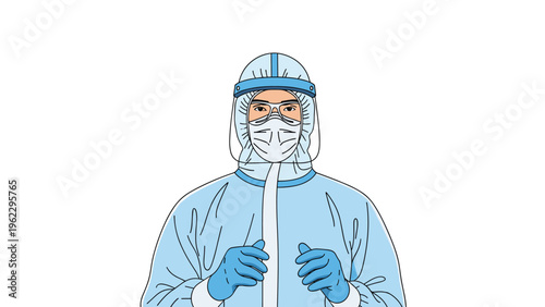 Medical professional wearing a full protective hazmat suit, mask, goggles, and gloves for health safety and pandemic prevention.