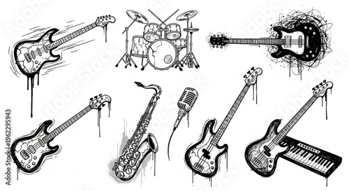 Urban Graffiti Musical Instruments Vector Illustration Sheet in Black Ink Grunge Punk Street Art Style