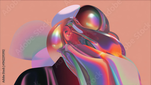 Abstract Iridescent Fluid Shapes on Peach Background