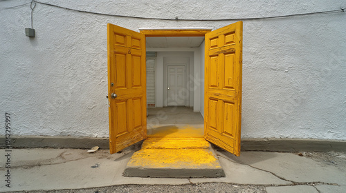 Vibrant Yellow Double Doors Open to a White Interior