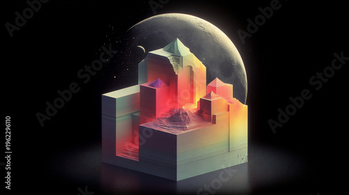 Vibrant Isometric Fantasy Cityscape with Moon and Stars