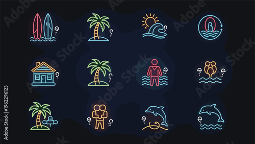 Collection of neon glowing linear icons featuring palm trees, dolphins, surfboards, waves, and beach houses on dark background.