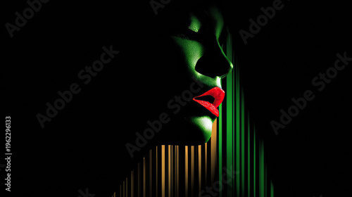 Dramatic Profile of Woman with Green Skin and Vibrant Red Lips