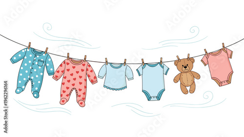 Set of cute baby clothes and a teddy bear hanging on a clothesline with soft breeze lines on a clean white background.