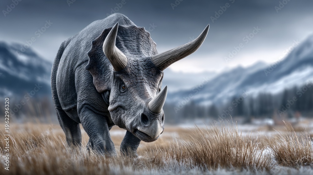 Fototapeta premium Large dinosaur walks through a grassy area with mountains in the background