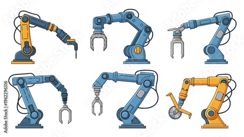 Collection of industrial robotic arms in different configurations designed for automated manufacturing and precision engineering tasks.