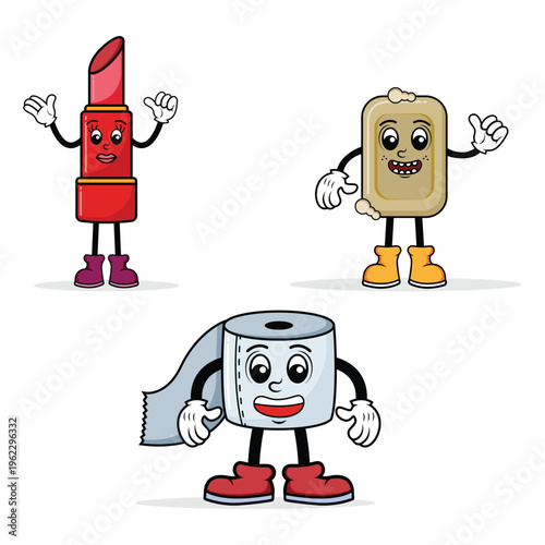 Lipstick, Toilet Paper and Soap Mascot Set Character Clipart