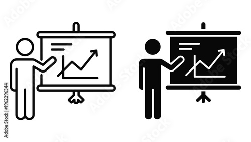 Black silhouette man presenting upward chart on whiteboard