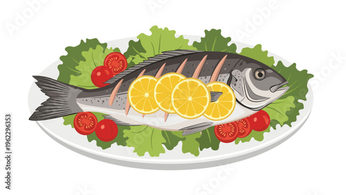 Delicious grilled fish served on a white plate garnished with fresh lettuce leaves, sliced tomatoes, and lemon wedges.