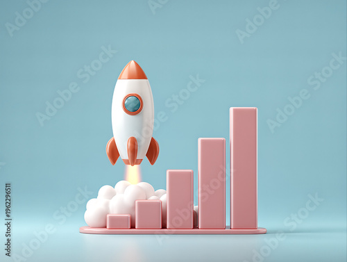 Rocket Launching from Podium with Bar Graph: Business Success Concept on Light Blue Background