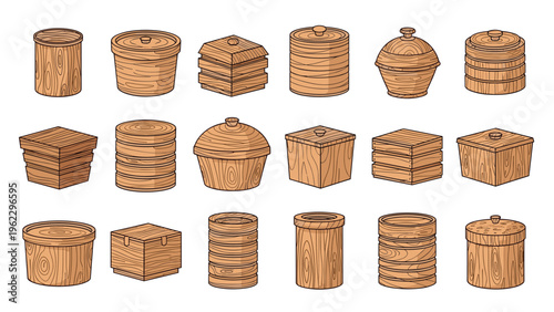 Assorted collection of wooden storage boxes, crates, and containers in different shapes and styles for packaging or home decor.
