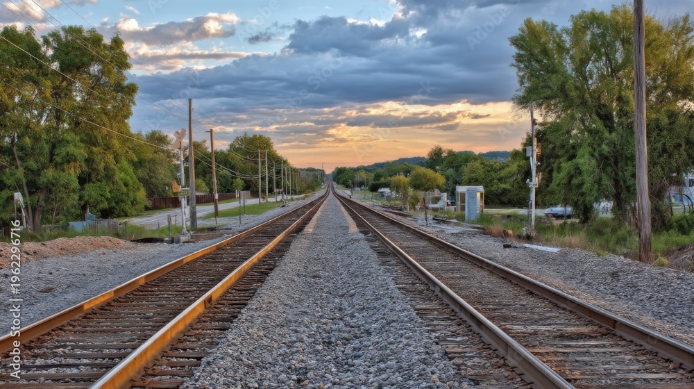 Obraz premium Scenic View of Endless Train Tracks Stretching into the Distance Under Dramatic Sky at Sunset with Lush Green Trees Along the Railway