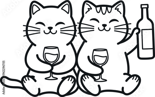 Two cats cheerfully toasting with wine glasses and a wine bottle nearby