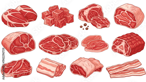Wide selection of raw meat products featuring beef steaks, diced meat, ribs, bacon strips, and whole roasts for cooking.