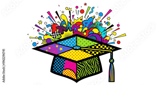 Graduation cap colorful explosion academic achievement celebration