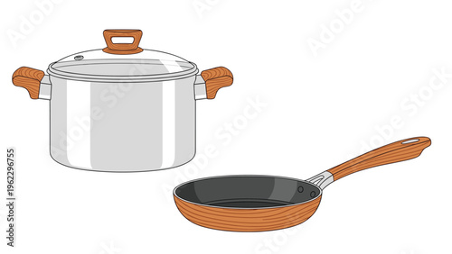 High-quality kitchen cookware featuring a stainless steel cooking pot with glass lid and a professional frying pan on white background.