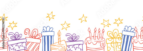 Children doodle drawing. Seamless border Birthday celebration.