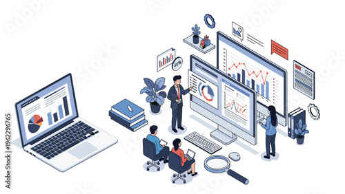 Professional team analyzing business data on large computer screens and laptops in a modern office environment for strategic planning.