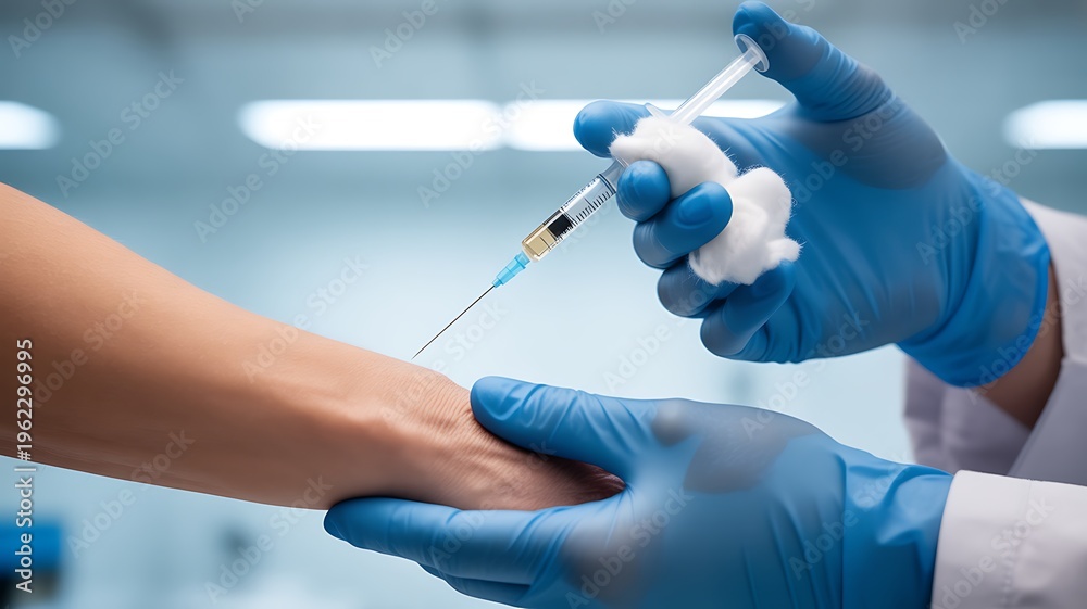 Fototapeta premium Medical professional carefully administers an injection into a patient arm in a clinical setting