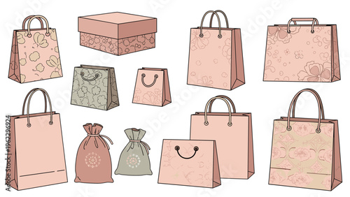 Collection of elegant shopping bags, gift boxes, and fabric pouches in soft pink and grey tones with beautiful floral patterns.