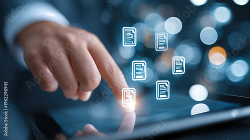 Hand Selecting Employee Documents on Tablet for Customer Development, Blurred Background, Copy Space