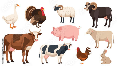 Diverse group of farm animals including cows, pigs, sheep, goats, chickens, turkeys, geese, and a rabbit on a plain white background.