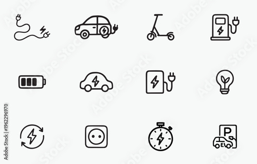 Electric Vehicles & Charging Station Icons Doodle Bundle | EV Illustration | Sustainable Transport Logo Pack