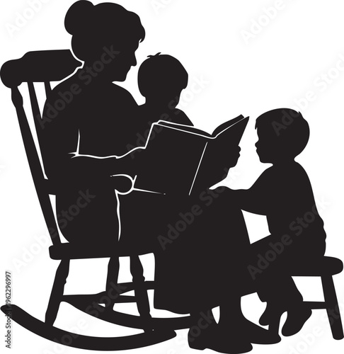 Timeless silhouette of an adult reading a beloved story to two young, attentive children