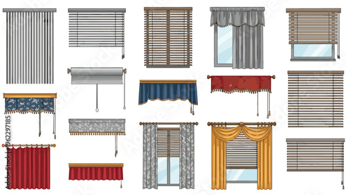 Assorted collection of window treatments including vertical blinds, roller shades, venetian blinds, and decorative curtains.