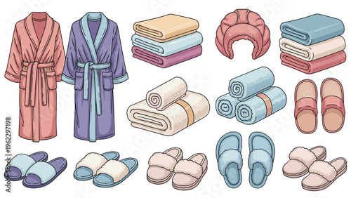 Premium collection of bathroom accessories featuring plush bathrobes, folded towels, and soft comfortable slippers in multiple colors.