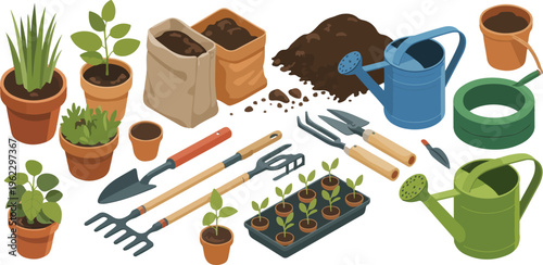 Gardening Tools And Plants Flat Design Elements Home Gardening Project Collection Flower Pot Watering Can Shovel Vector Set