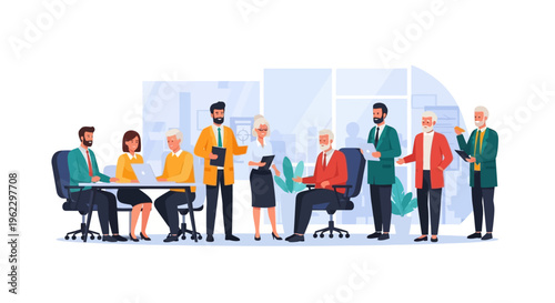Diverse Business Professionals Collaborating in Office Meeting - Flat Vector Illustration of Teamwork and Strategy