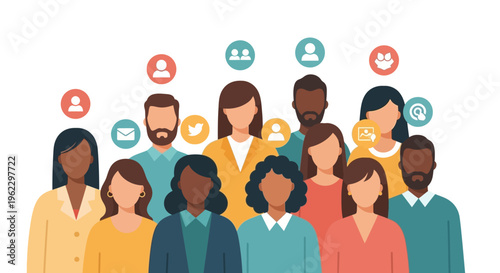 Diverse Global Social Network Community with Communication Icons - Digital People Connecting Online