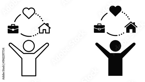 Black silhouette person with briefcase heart and home in circle