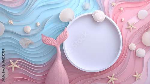 Pastel Mermaid Tail with Seashells & Starfish on Abstract Waves – Summer Product Display