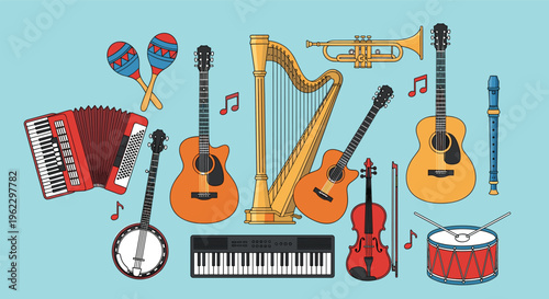 Hand drawn vector illustration of musical instruments including guitar harp piano trumpet and accordion on blue background.