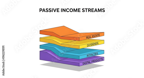 A colorful vector graphic illustrating various passive income streams for financial freedom and wealth building