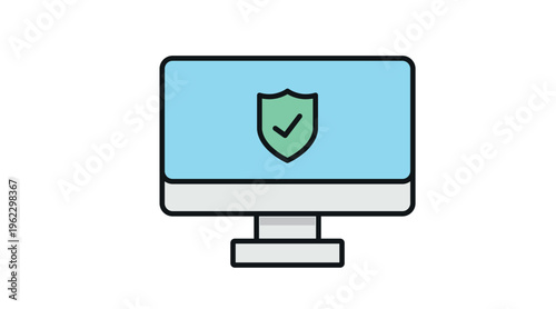Desktop computer with green shield icon for antivirus protection, cyber security and data safety. Vector illustration in soft colors for web, apps, and tech support interfaces.