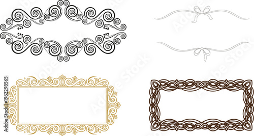 Ornate Decorative Frames with Swirls, Bows, and Elegant Flourishes in Black, Gold, and Brown for Vintage and Classic Designs