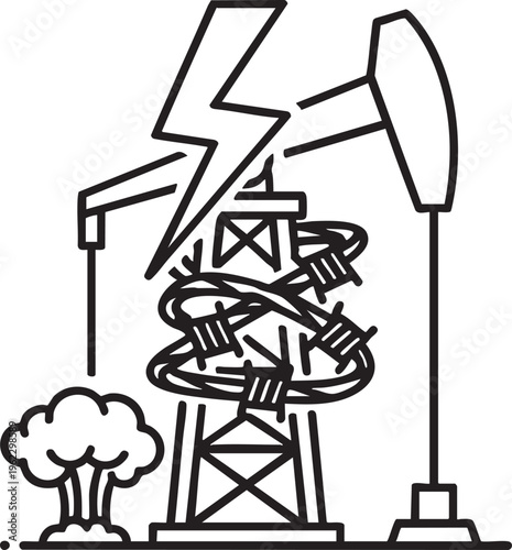 Line art illustration of an oil pump lightning and shrubbery