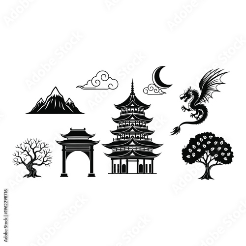 Black and white asian inspired illustrations of various cultural symbols and landmarks vactor file