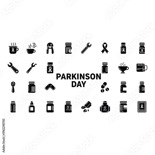 Parkinsons day icons set with various symbols and objects on vactor file
