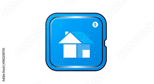 A blue icon representing a house with a dollar sign, symbolizing affordable housing or financial savings.
