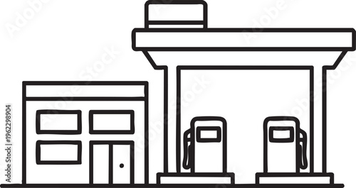 Simple line art of a gas station with fuel pumps and a small building on a plain for easy design integration