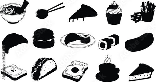 Eight black icons arranged in a grid with a blue border on a white background represent food including chopsticks, cakes, cupcakes, hamburgers, meat platters, sushi, pizza, and steaming soup