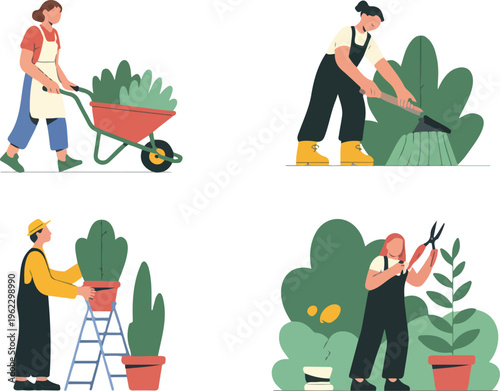 Minimalist vector illustration of a woman gardening flowers, planting seeds, and tending a home garden hobby activity scene.