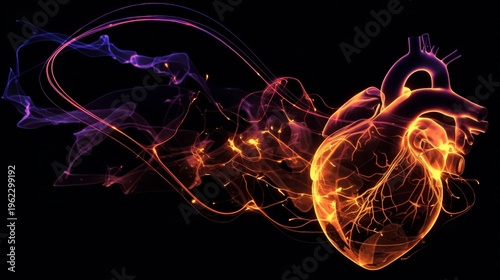 Abstract glowing heart design with neon colors and light trails