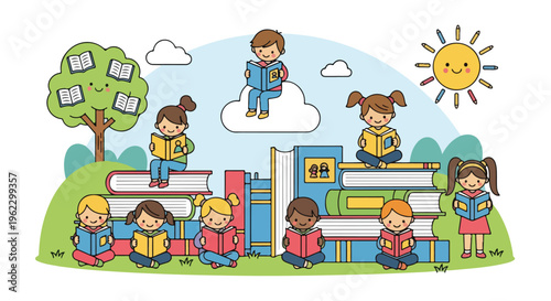 Cute cartoon children happily reading books in an imaginative outdoor landscape, fostering a love for learning, education, and childhood literacy.