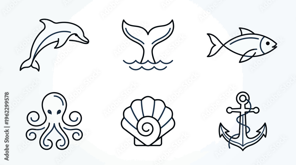 Fototapeta premium Minimalist Line Art Sea Animals and Nautical Icon Collection Featuring Aquatic Wildlife and Ocean Elements