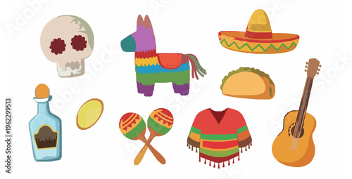 Cute Cartoon Mexican Fiesta Symbols Vector Illustration Set